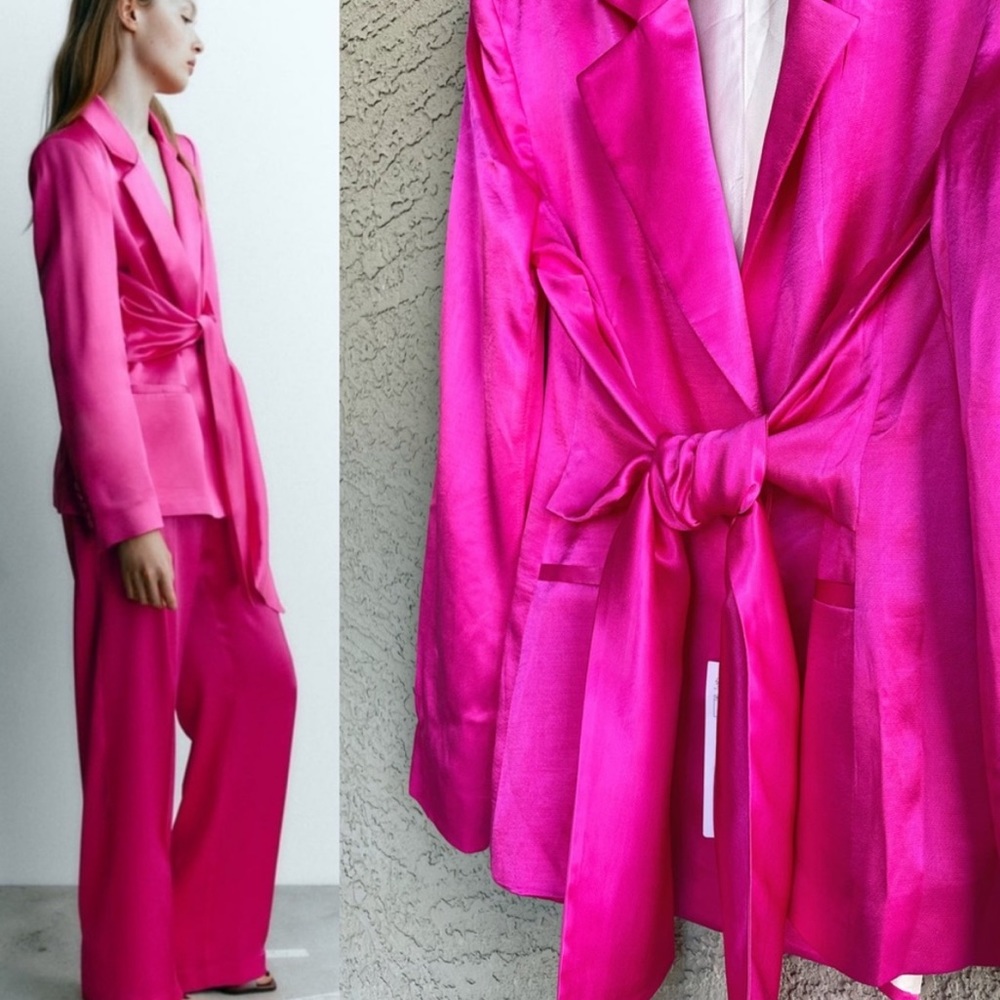 New Zara Pink Satin One Button Structured Tie Sash Front Blazer - Picture 14 of 16